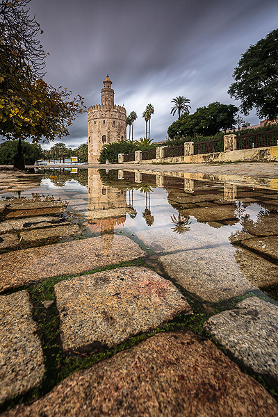 Torre del Oro reflejada en un charco despuÃ©s de la intensa  - Sergio Arias Ramón